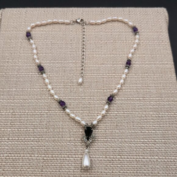 Jewelry - 16.5 + 3 Inch Sterling Silver Pearls And Amethyst Stones Necklace B1006